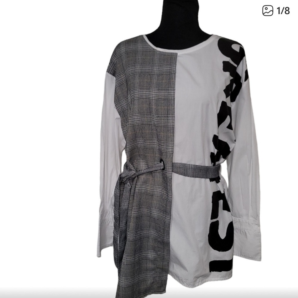 Zara Monochrome Plaid and Text Long Sleeve Top